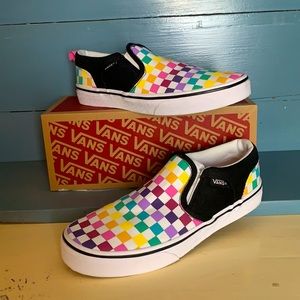 Rainbow checkered Vans slip-ons with box